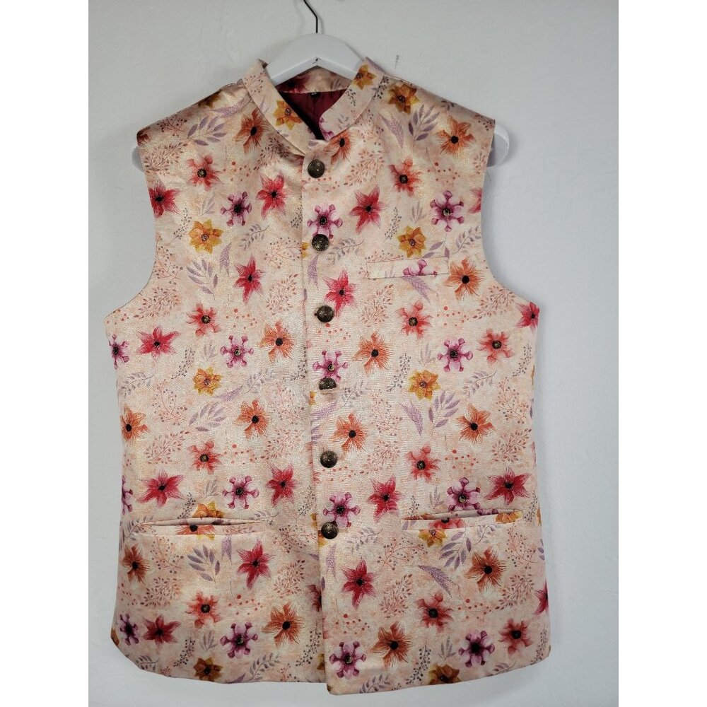 Mens Floral Print Sleeveless Mandarin Collar Vest With Bronze Buttons Size 42